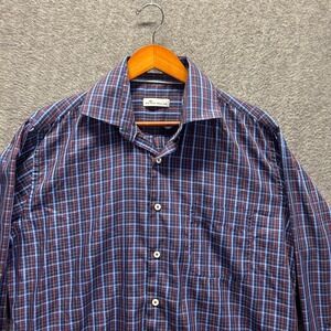 Peter Millar Mens Large Blue Silk Cotton Plaid Long Sleeve Button Down Shirt
